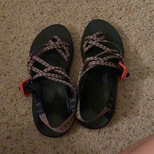 pink navy and yellow chacos